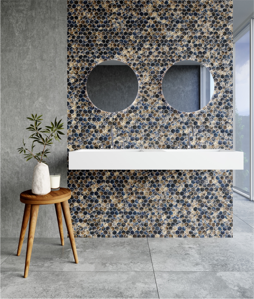 A bathroom with a tiled wall and a sink.