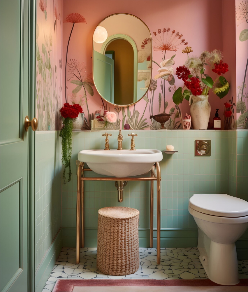 A pink and green bathroom with flowers on the wall.