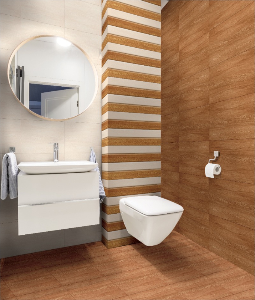 An image of a bathroom with a wooden wall.