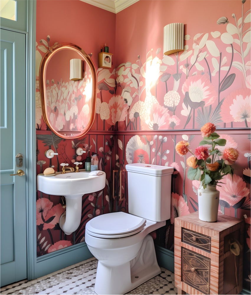 A pink bathroom with floral wallpaper and a toilet.