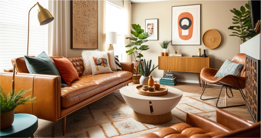 A living room with brown leather furniture and a coffee table.