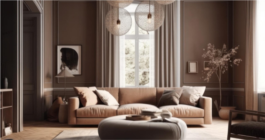 A living room with brown walls and a beige couch.
