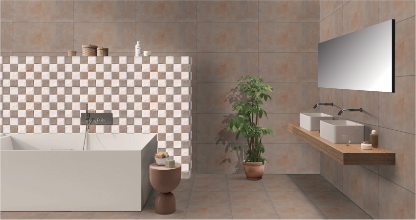 A bathroom with brown and beige tiles and a bathtub.