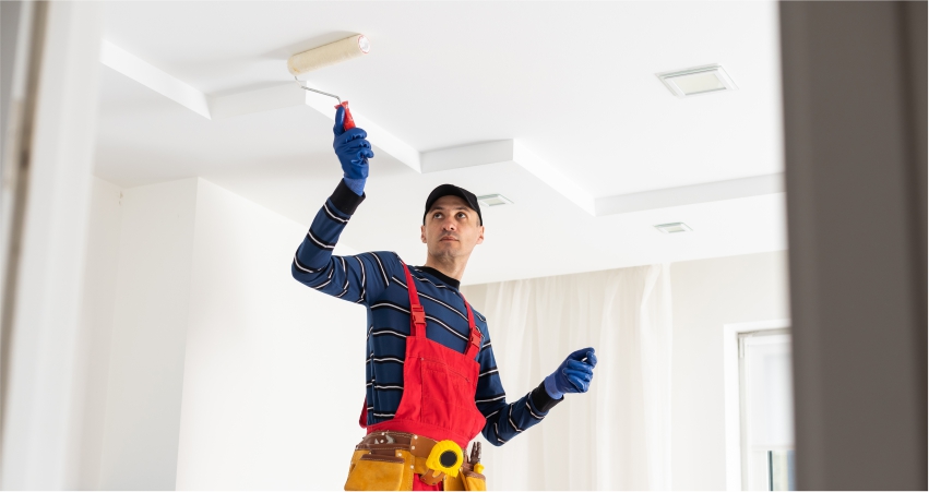 A man painting the ceiling of a room.