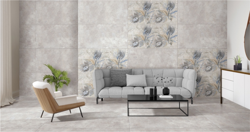 A living room with a grey and white tiled wall.