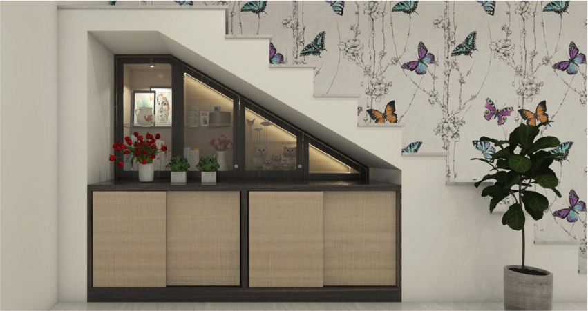 A 3d image of a stair case with butterflies wallpaper.