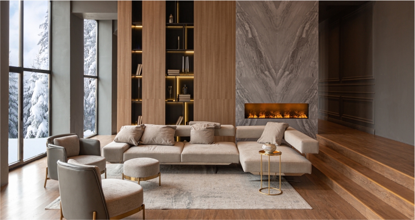 3d rendering of a living room with a fireplace.