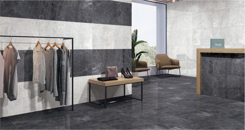 Grey and white marble tiles in a store.