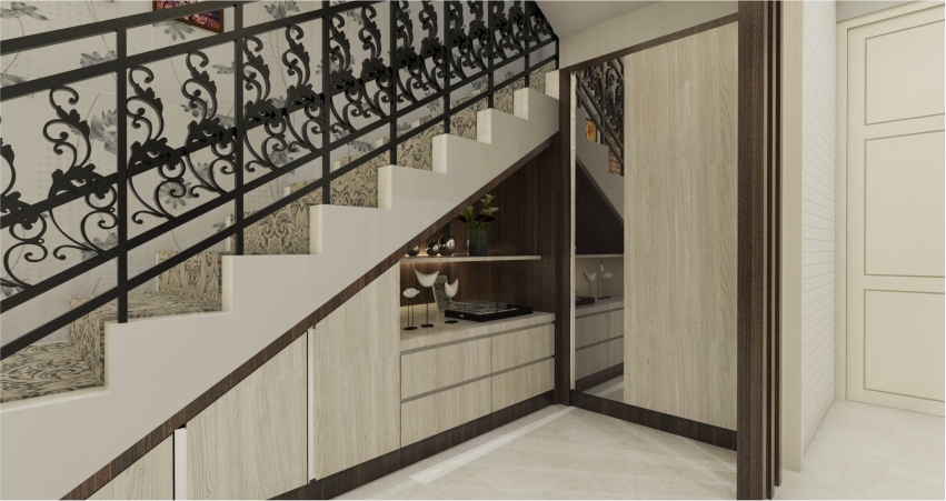 A 3d rendering of a stairway with a wrought iron railing.