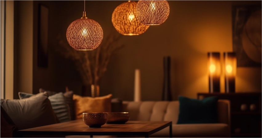 Three pendant lights hanging above a table in a living room.