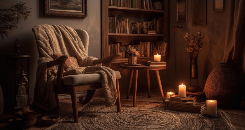 A chair in a dark room with candles and books.