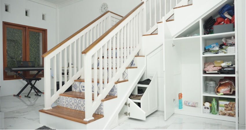 A white stairway with a lot of storage space.