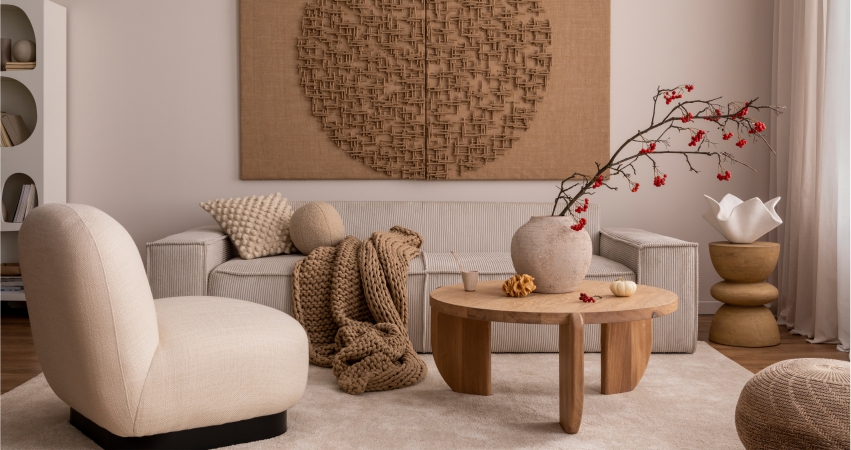A living room with a beige couch and a beige rug.