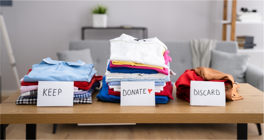 Clothes on a table with the words keep donate and donate.