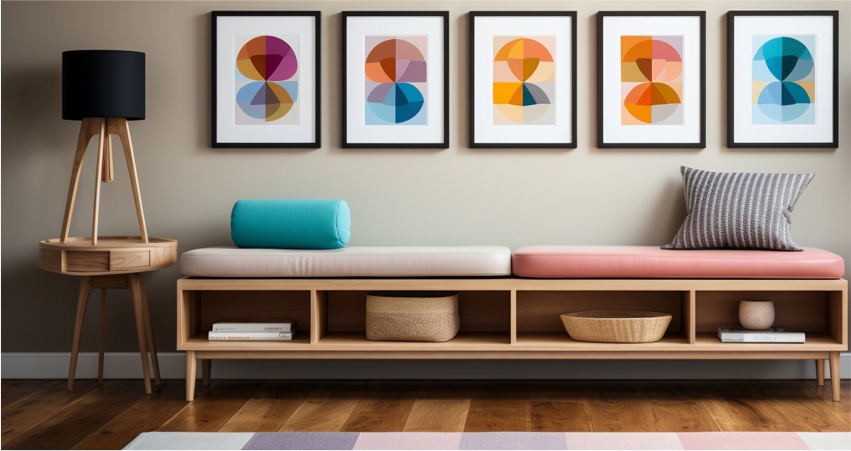 A bench with colorful pillows and framed pictures in a living room.