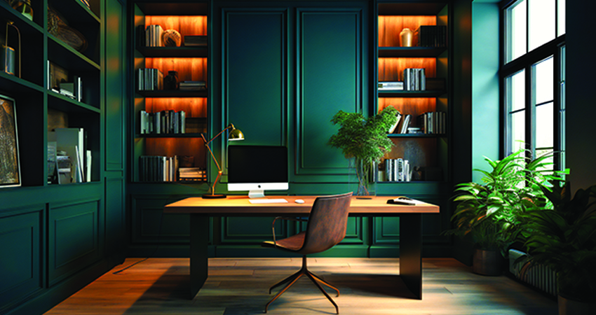 A study desk in a room, books with green walls.