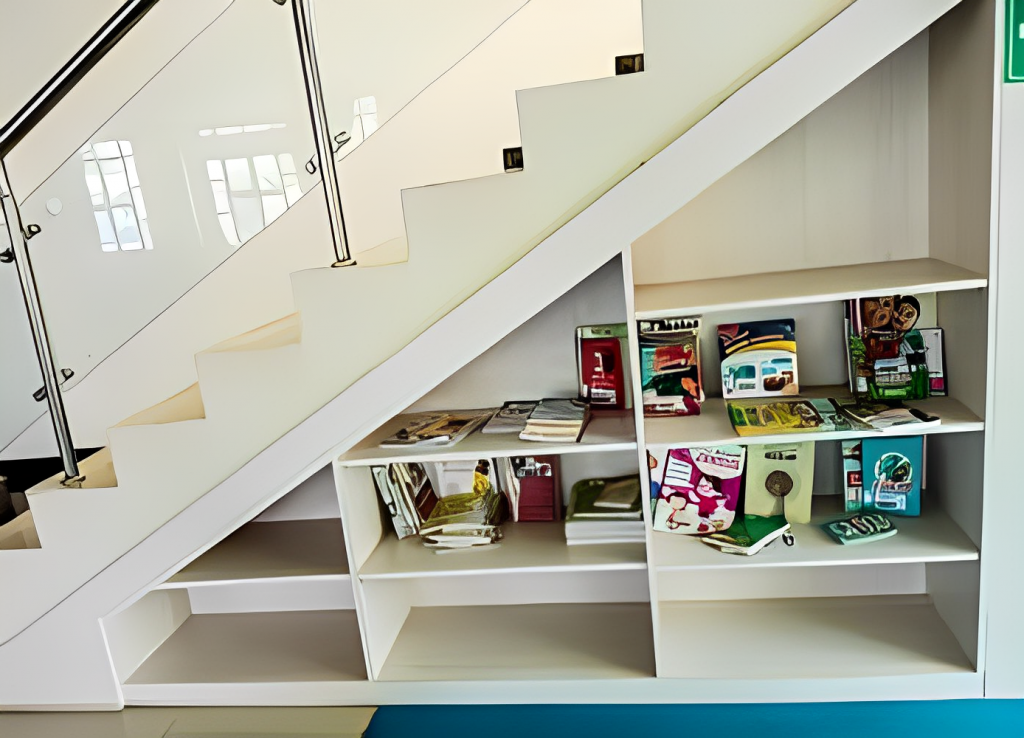 A white shelf with books under the stairs.