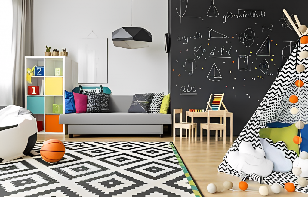 A children's room with a teepee, study space and toys.