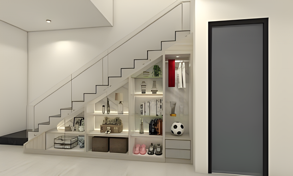 An image of a stairway with bookshelves and shelves under the stairs.