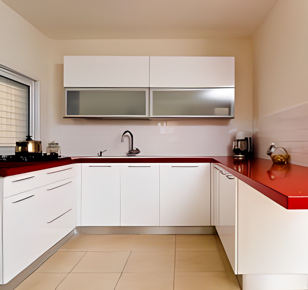 A kitchen with a red counter top.