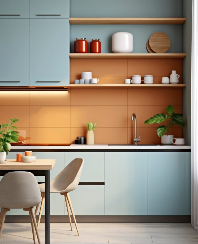 Blue Color combination Shelves with Orange Wall Tiles in Kitchen