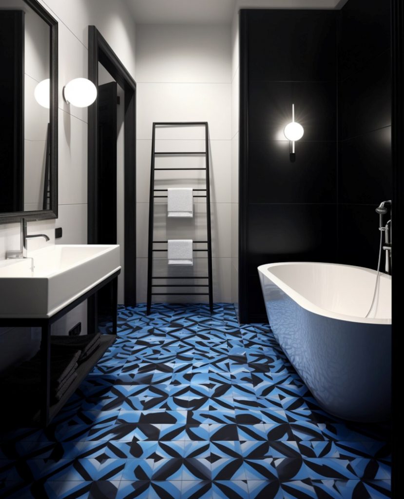 A bathroom with glossy black & blue floor tiles. 