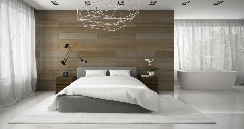 Monochromatic wall tiles for guest bedroom wall