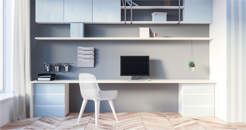 3d rendering of a home office with shelves and a chair.