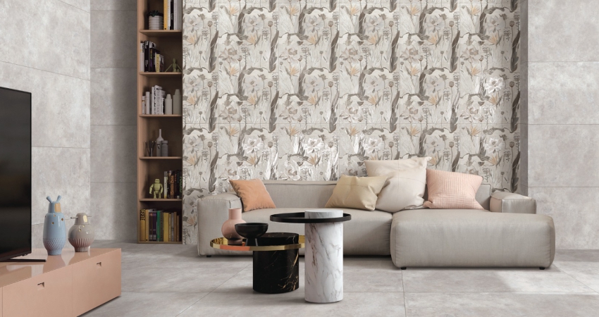 A living room with large format beige wall tiles 