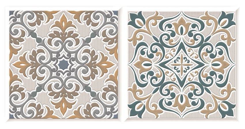 A set of patterned tiles with different designs on them.