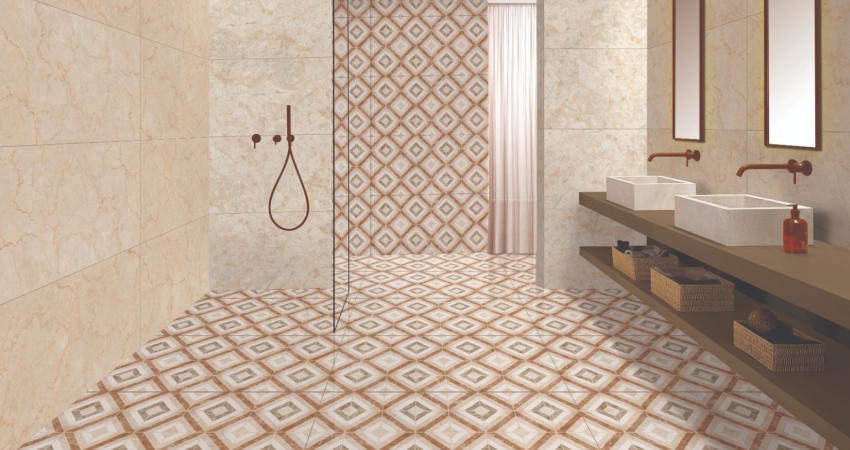 A bathroom with a beige and brown pattern tiled floor.