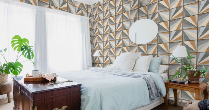 Geometric Design tiles in guest bedroom