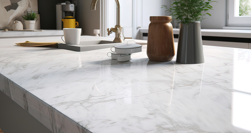 A white kitchen with a marble counter top.