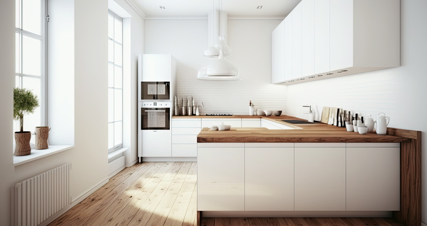A white kitchen with a wooden counter top.
