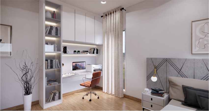 A modern bedroom with a wardrobe, desk and bookshelves.