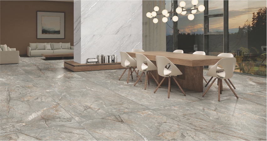 A marble floor in a dining room.