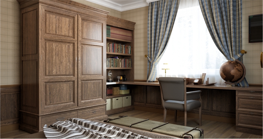 A room with a wardrobe, desk and a bookcase.