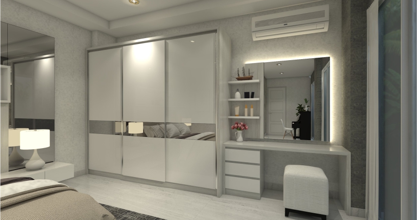 A 3d rendering of a bedroom with a white dresser, wardrobe, study table and mirror.