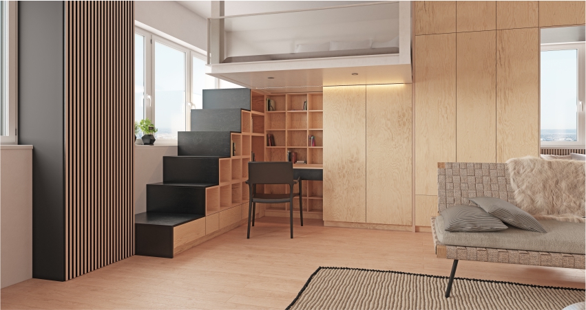 A small room with a study room, wardrobe and bookshelf.
