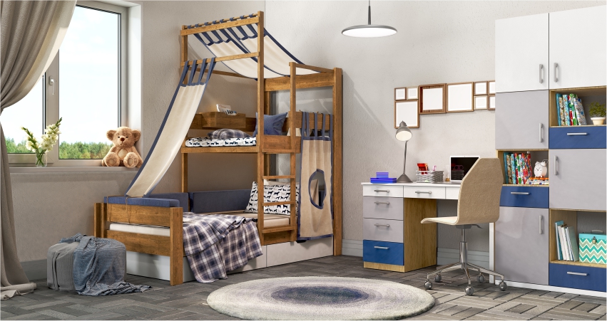 A children's room with a bunk bed and desk.
