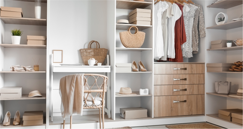 A walk in closet with shelves, drawers, and a study desk.