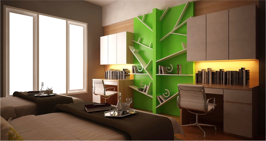 A bedroom with a green wall, wardrobe and bookshelves.