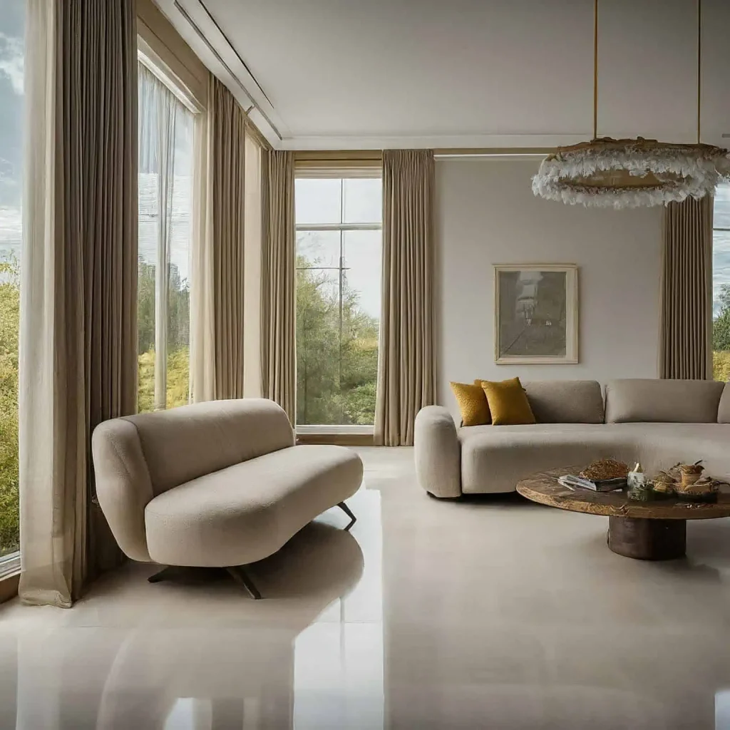 A modern living room with beige furniture and large windows.