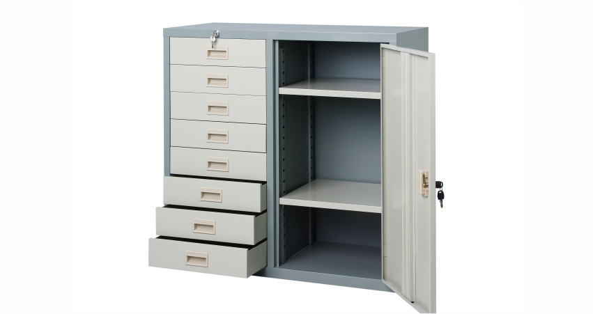 Open gray storage cabinet with multiple drawers and shelves.