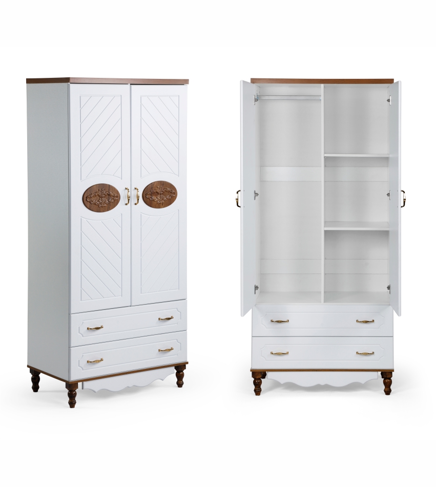 A traditional style wooden wardrobe painted white with a partially opened door next to a fully closed view, showing decorative panels, two lower drawers, and brass handles.