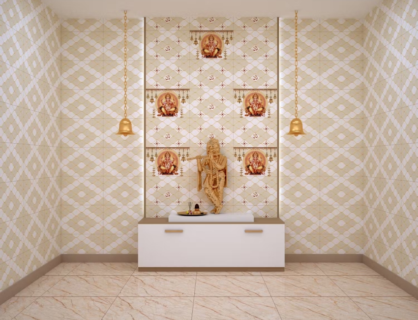 Modern Pooja room Design With God Tiles