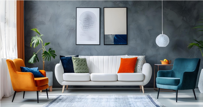 living room with blue and orange accents for a cool summer vibe 