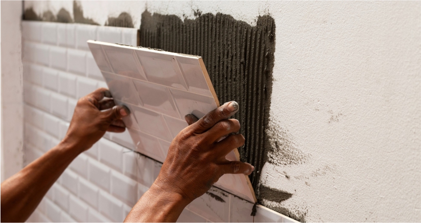 worker applying tiles on wall