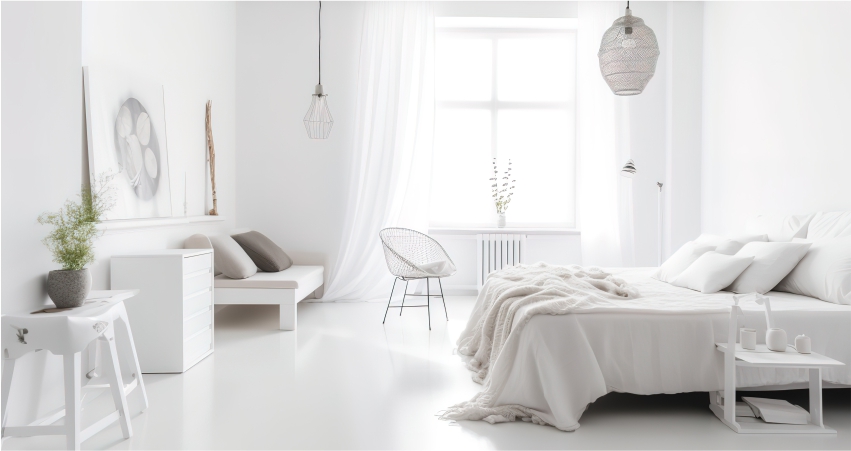 Minimalist white bedroom with natural light, and cosy decor for a summer-ready look