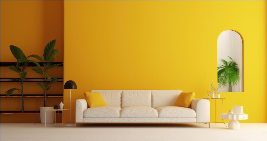 Vibrant modern living room with bold yellow colour and indoor plants. 